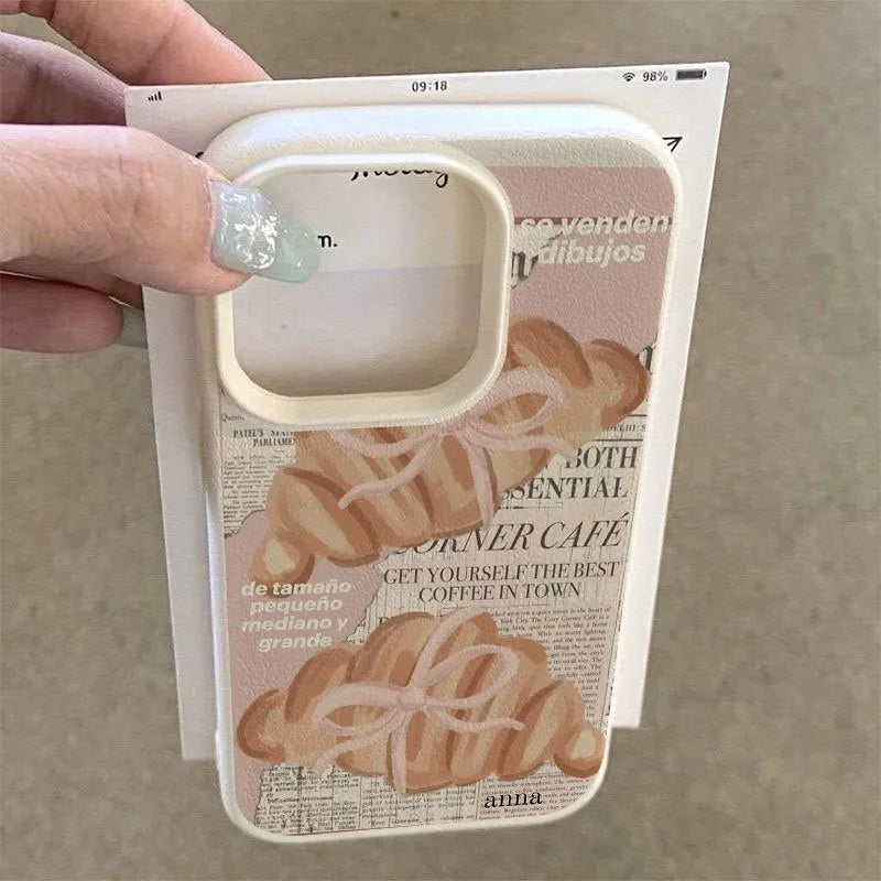Croissant Newspaper Lychee Case for iPhone 17 16 15 14 13 Pro Max