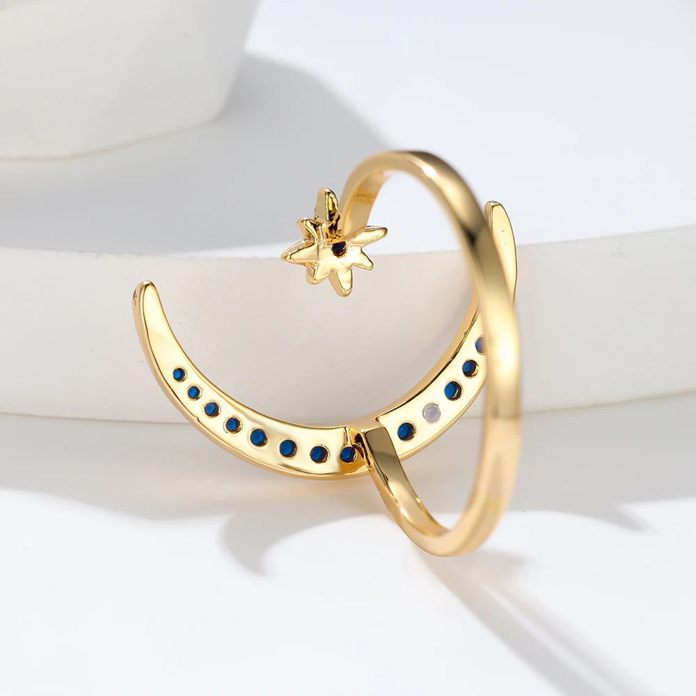 Boho Minimalist Blue Stone Female Stacking Star Moon Rings For Women Gold Color White Crystal Opening Ring Wedding Bands Gifts