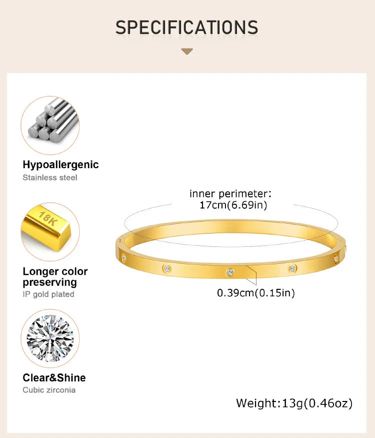 Cubic Zirconia Love Friendship Bracelets,6mm 4mm Women Bangles With CZ Stones, 18K Gold Plated Stainless Steel Jewelry