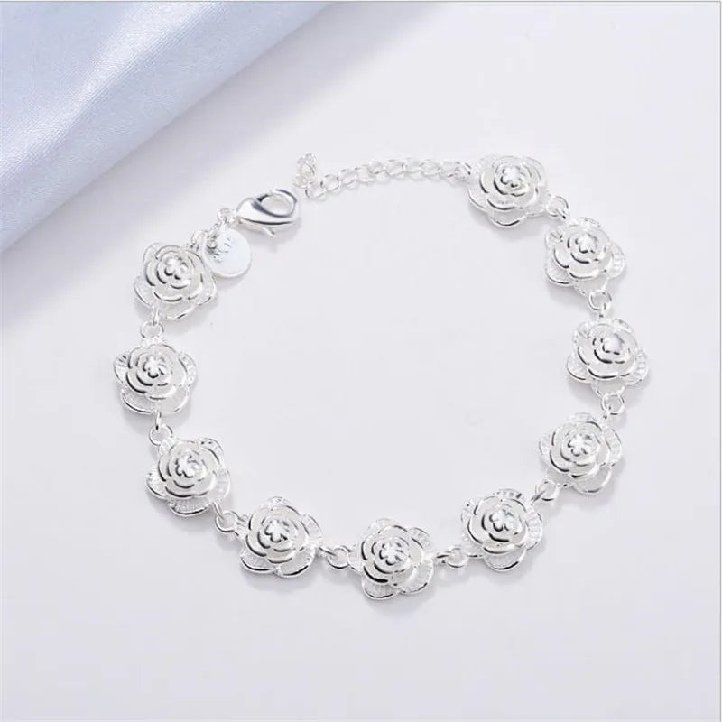 Rose Flower Chain Bracelet 925 Sterling Silver Women Pretty Wedding Jewellery