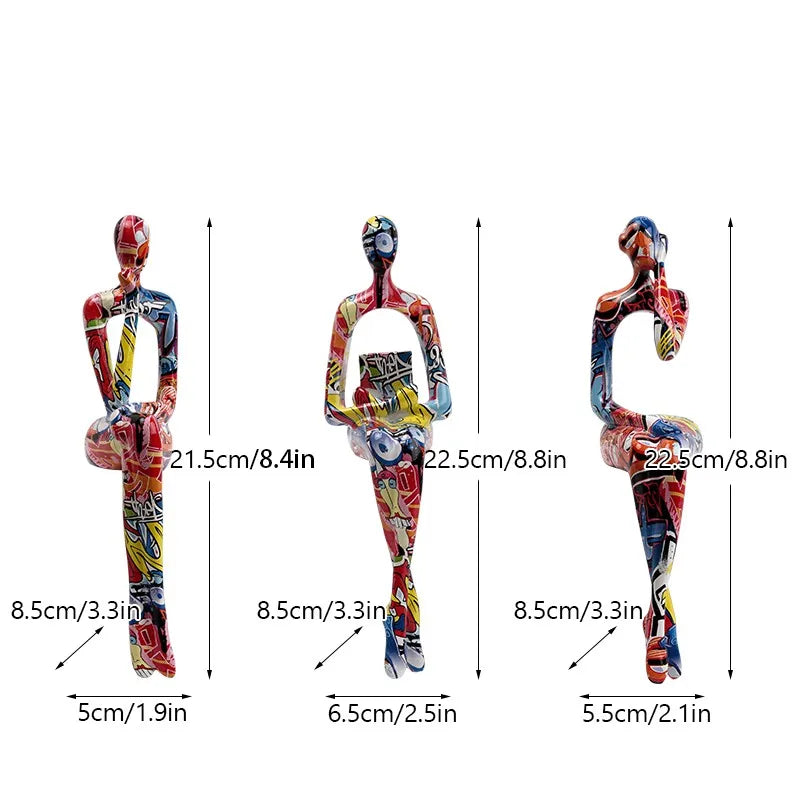 Abstract Thinker Figurine Set of 3 Colourful Modern Resin Sculpture Bookshelf Decor