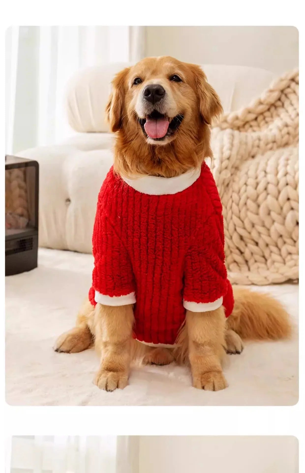 Jolly Red Plush Dog Coat for Large Breeds - Warm & Festive Hoodie for Golden Retriever, Husky, Holiday Celebration
