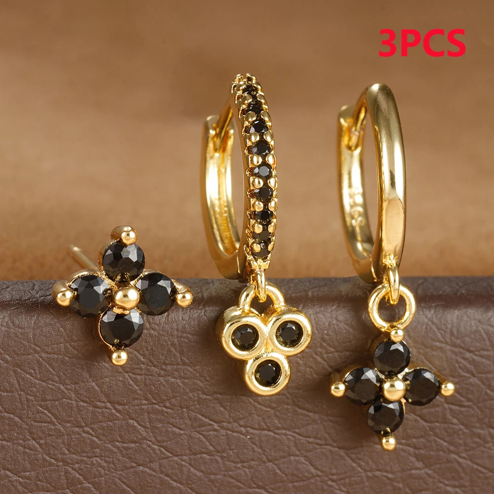 3PCS Vintage Stainless Steel Flowers Huggies Hoop Earrings Zircon