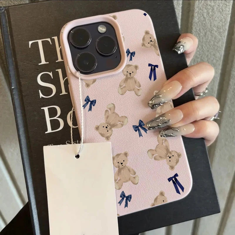 Cute Little Bear Bow Lychee Case for iPhone 17 16 15 14 Pro Max Plus