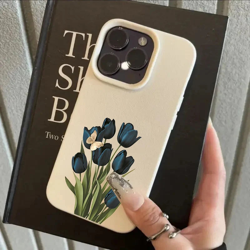 Blue Black Tulip Butterfly Lychee Case for iPhone 17 16 15 14 Pro