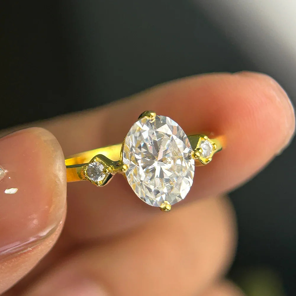 2CT Moissanite Oval Ring Lab Diamond S925 Sterling Silver 18k Gold Plated