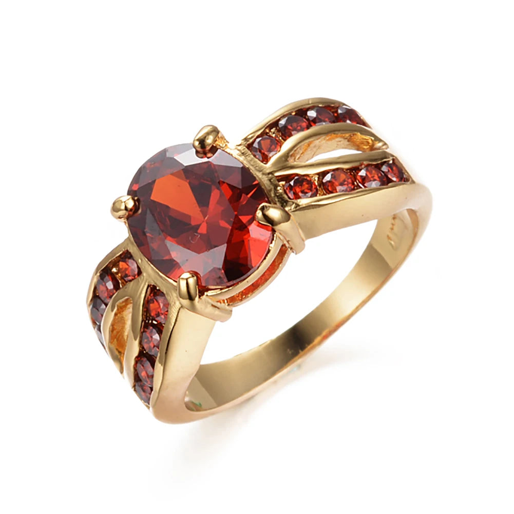 Vintage Female Red Crystal Charm Gold Color Big Wedding Jewelry For Women Luxury Oval Zircon Stone Engagement Ring