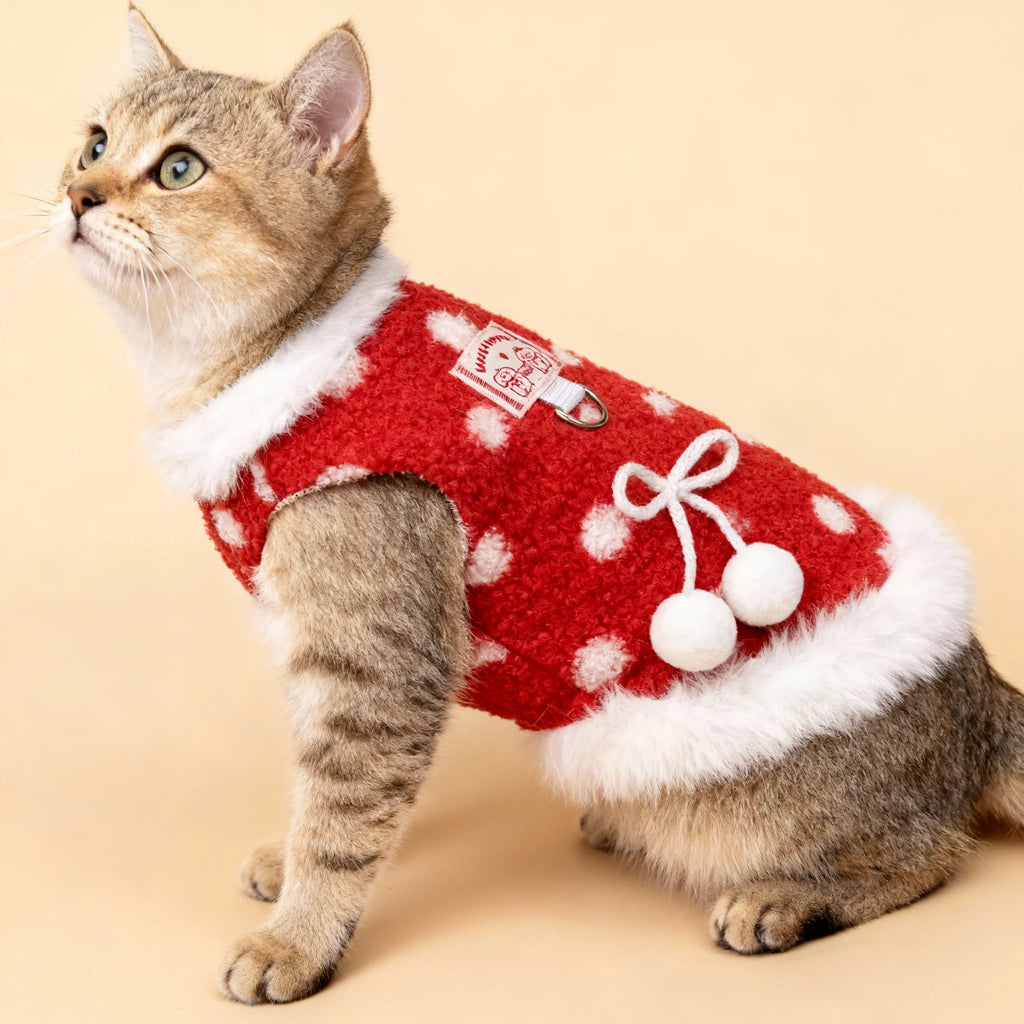 Cute Red Cherry Dog Vest, Soft Plush Pet Harness Vest with Leash Ring, Warm Puppy Kitten Clothing for Small Medium Cats Dogs