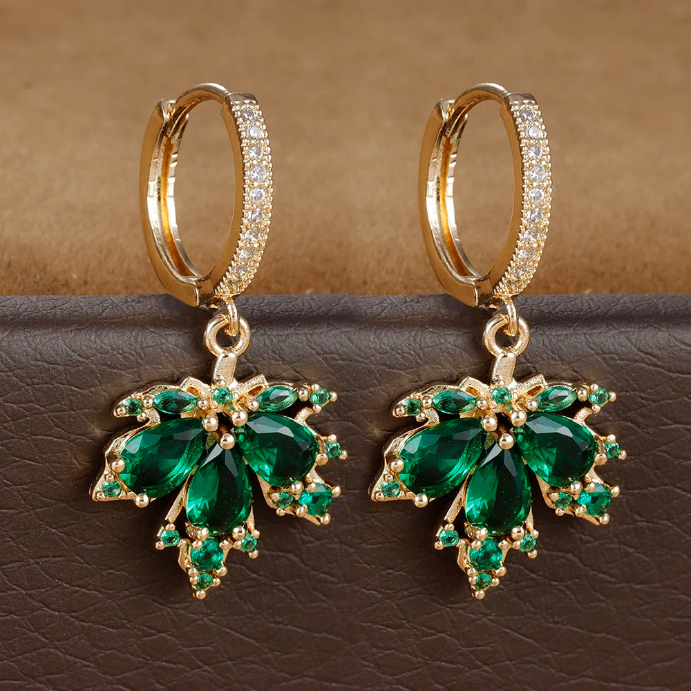 2pcs Vintage Crystal Zircon Maple Leaf Earrings Women Hoop Piercing