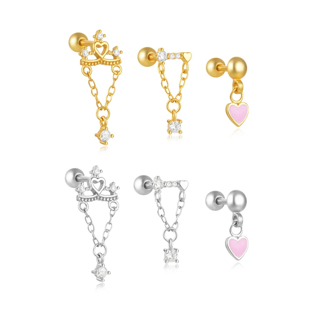 3PCS Stainless Steel Heart-Shaped Dangling Earrings Tassel Chain