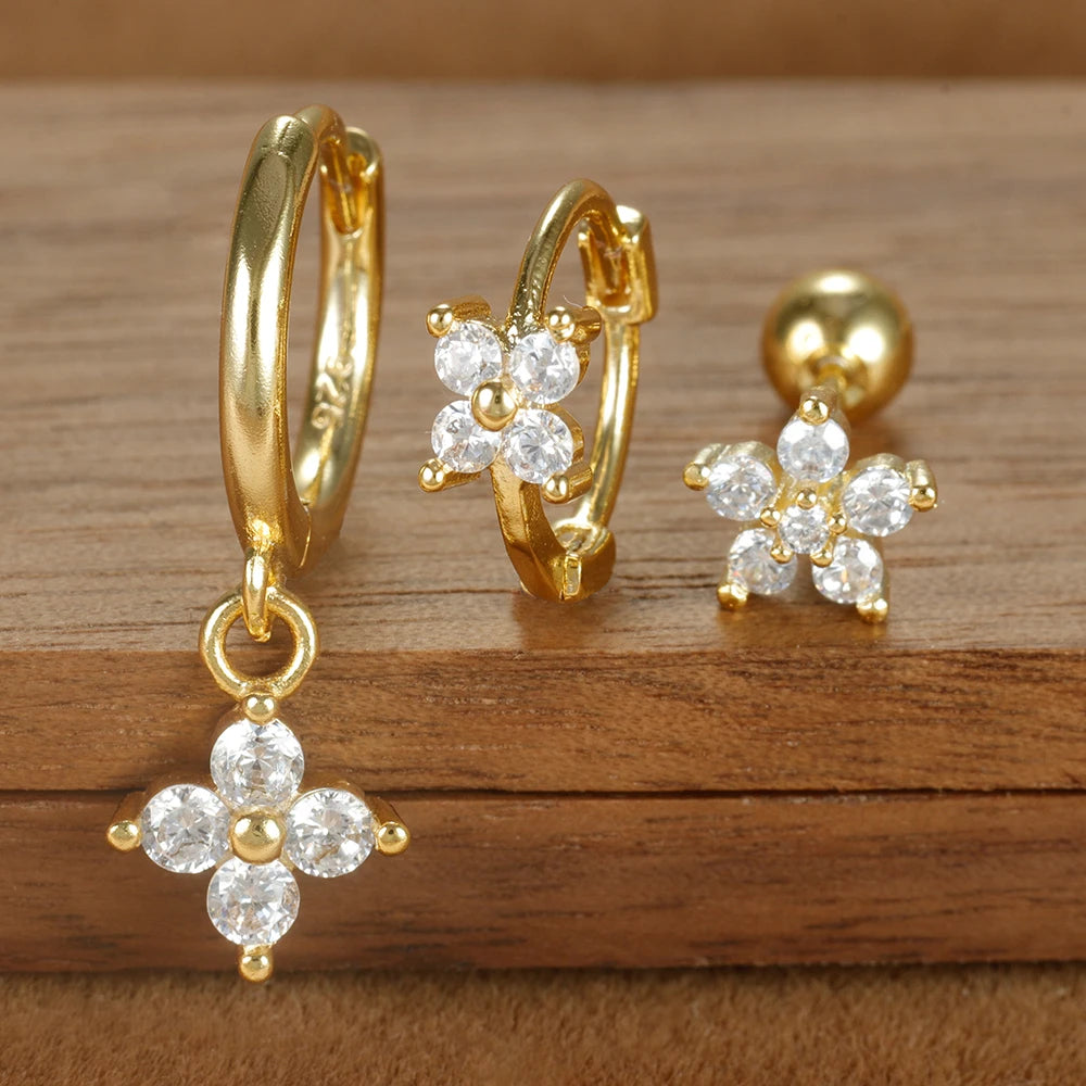 3PCS Four Flower Zircon Little Hoop Earring Star Cartilage Piercing
