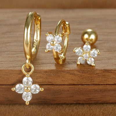 3PCS Four Flower Zircon Little Hoop Earring Star Cartilage Piercing