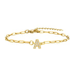 Charms Pave Initial Letter Bracelet, Paperclip Satellite Chain Stainless Steel Gold Plated, Handmade Jewelry for Women