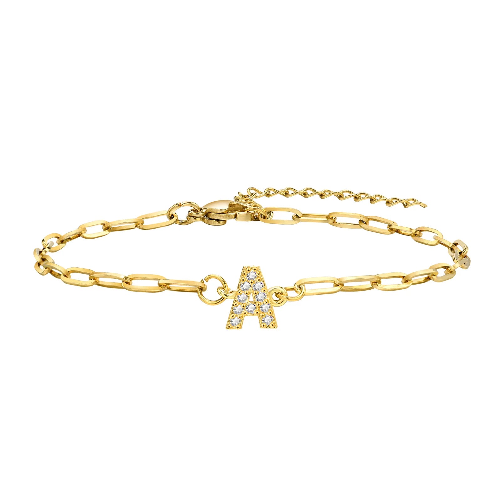 Charms Pave Initial Letter Bracelet, Paperclip Satellite Chain Stainless Steel Gold Plated, Handmade Jewelry for Women
