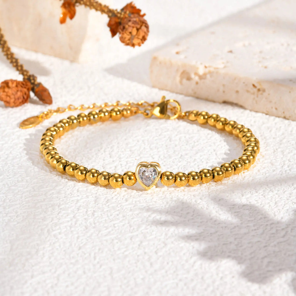 Zirconia Heart Bracelet for Women, Beaded Strand Link Bangle Gold Plated, Stainless Steel Adjustable Bracelets