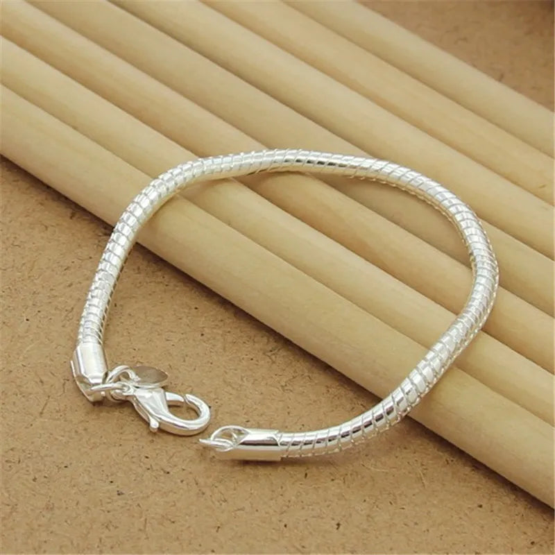 Square Solid Chain Bracelet 925 Sterling Silver Men Women Party Fashion Gift