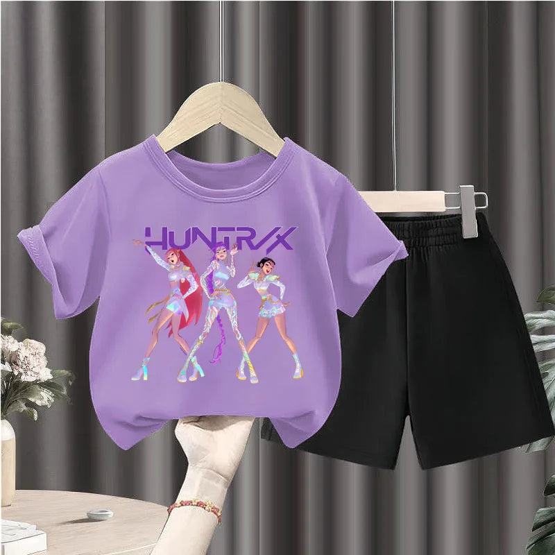 K-pop Girls Summer Casual T-Shirt and Shorts 2-Piece Fashion Outfit
