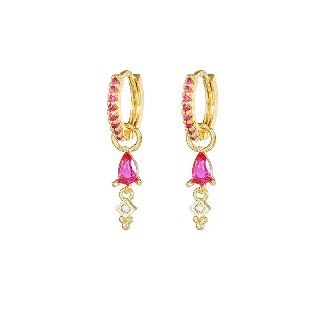 Luxury Rose Red Zircon Stainless Steel Water Drop Hoop Earring