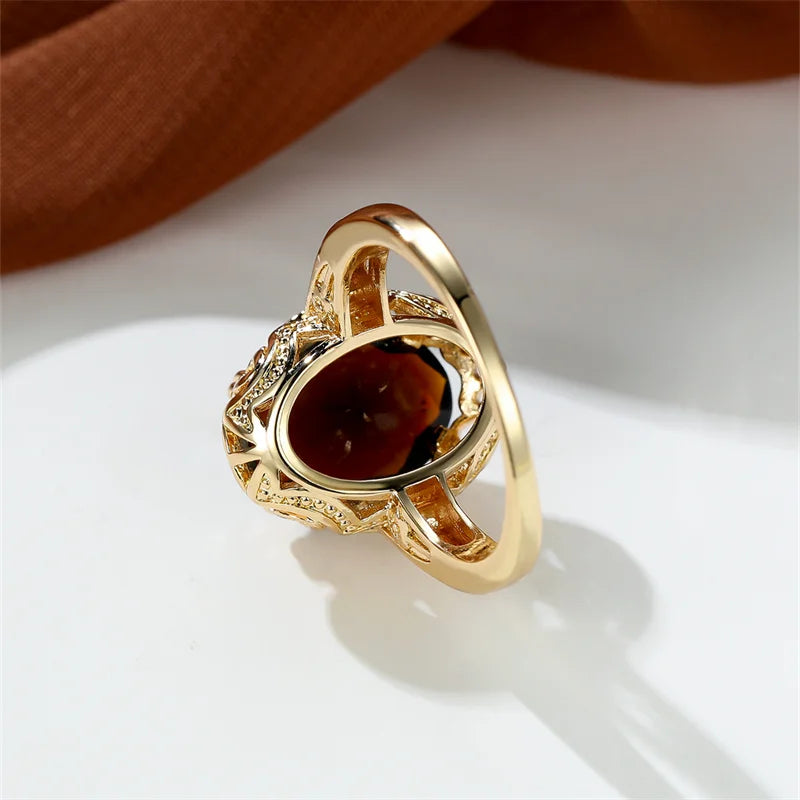 Retro Oval Cut Big White Brown Stone Rings For Women Men Gold Color Luxury Female Male Couple Ring Wedding Bands Party Jewelry
