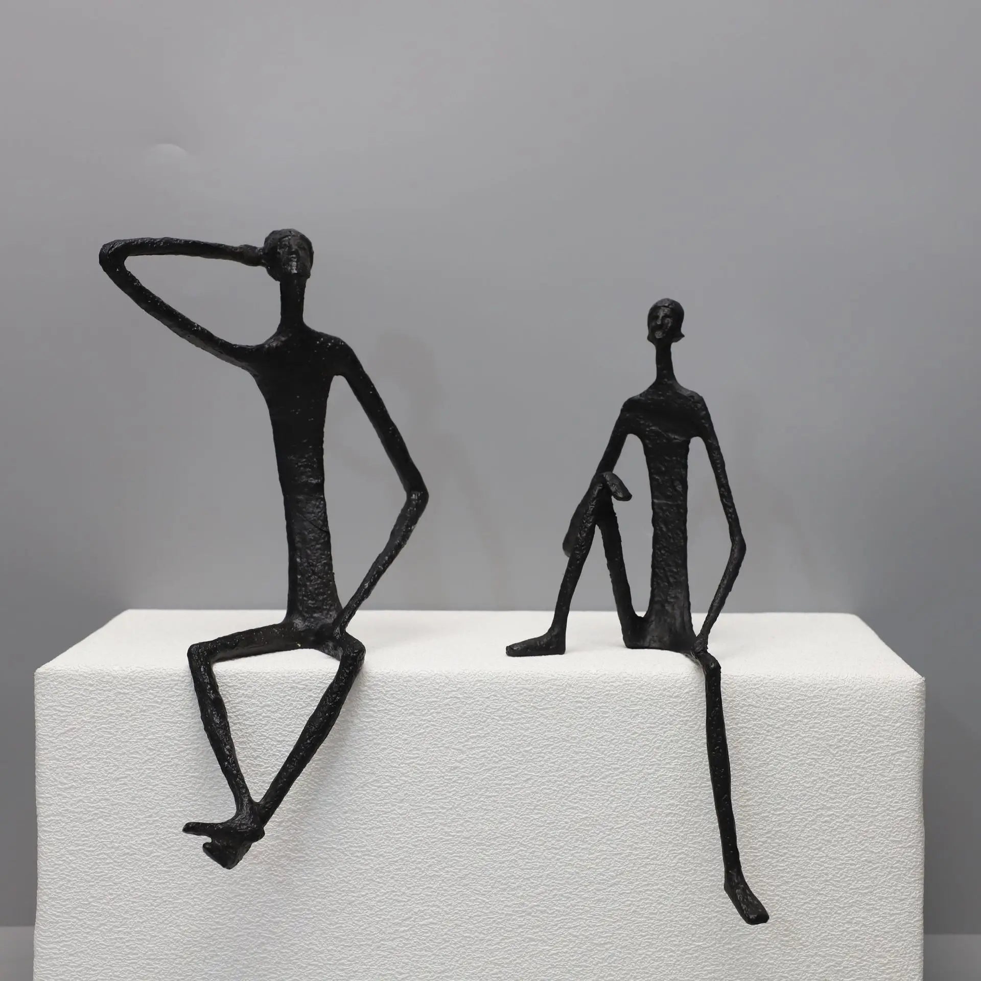 Modern Abstract Thin Metal Figure Sculpture Set Sitting Thinker Figurine Iron Art