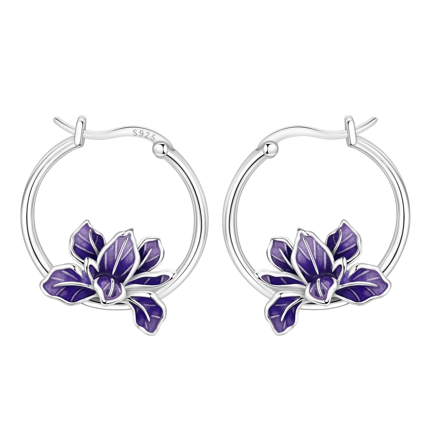 925 Sterling Silver Blue Iris Flower Hoop Earrings Anniversary Jewellery Gift
