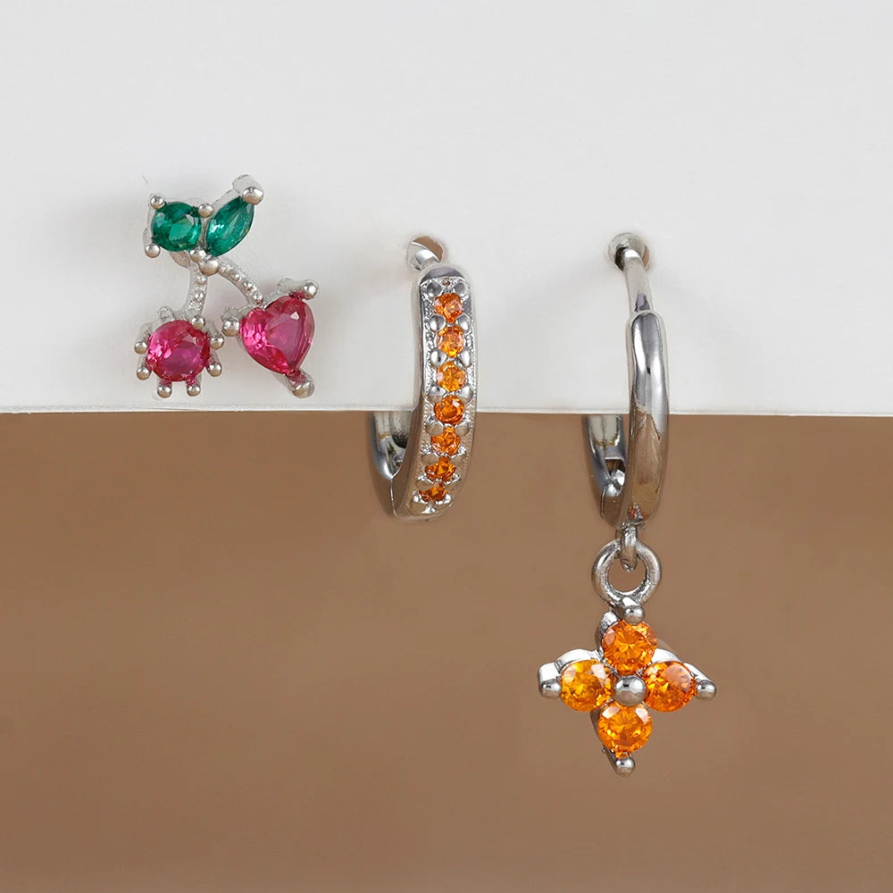 3PCS Stainless Steel Orange Zirconia Flower Pendant Hanging Earrings Set