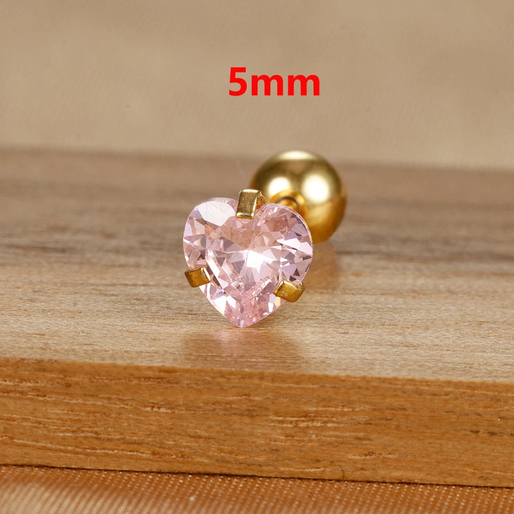 1PC Simple Pink Cubic Zirconia Heart Small Stud Earrings Steel