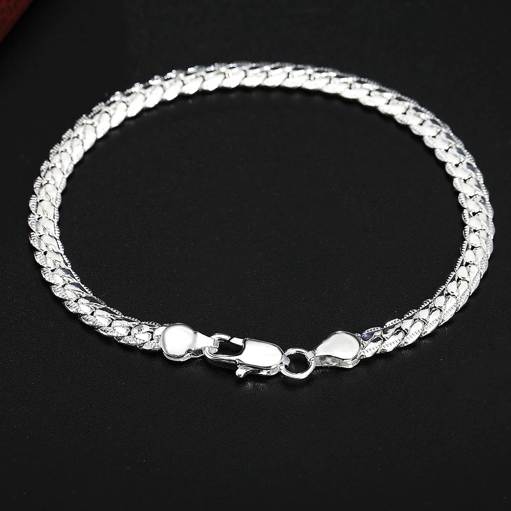 Classic Flat Sideways Chain Bracelet 925 Sterling Silver Men Women Jewellery