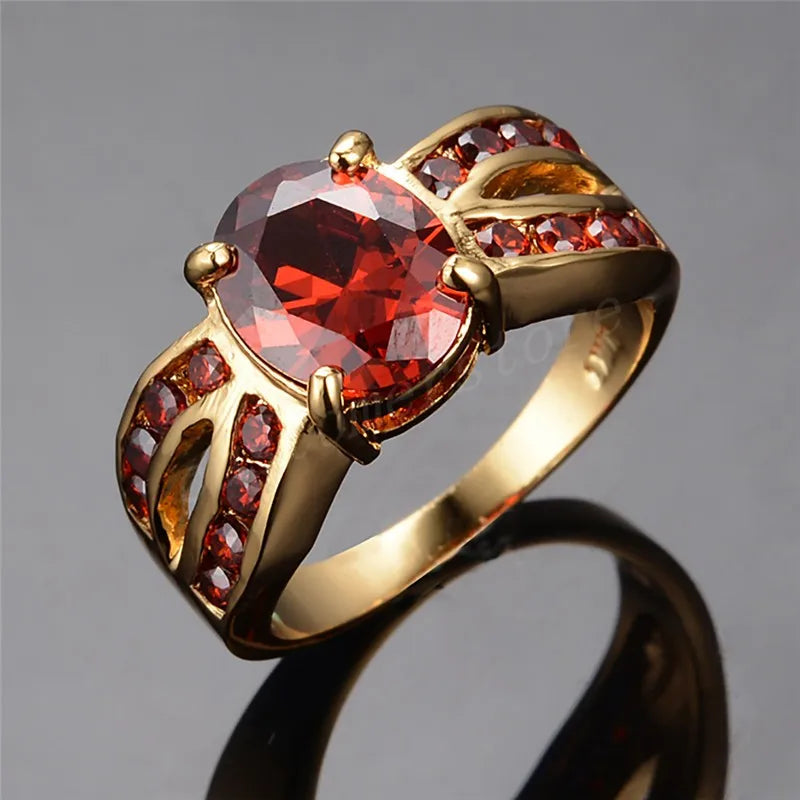 Vintage Female Red Crystal Charm Gold Color Big Wedding Jewelry For Women Luxury Oval Zircon Stone Engagement Ring