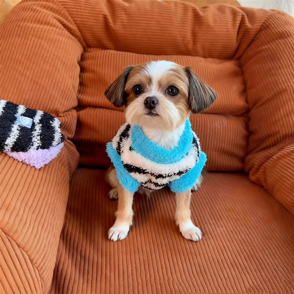 Striped Plush Pet Vest Warm Fleece Dog Cat Sweater Sleeveless Puppy Outfit