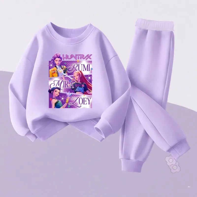 K-pop Girls Cartoon Print Hoodie and Joggers 2-Piece Set Casual Tracksuit