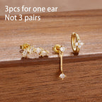 3PCS Korean Stainless Steel Butterfly Crystal Zirconia Hoop Earrings
