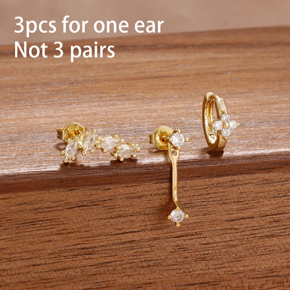 3PCS Korean Stainless Steel Butterfly Crystal Zirconia Hoop Earrings
