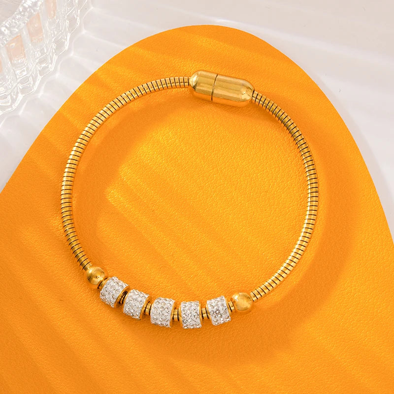 Heart Roman Numeral Zircon Bead Stainless Steel Snake Bone Bracelet