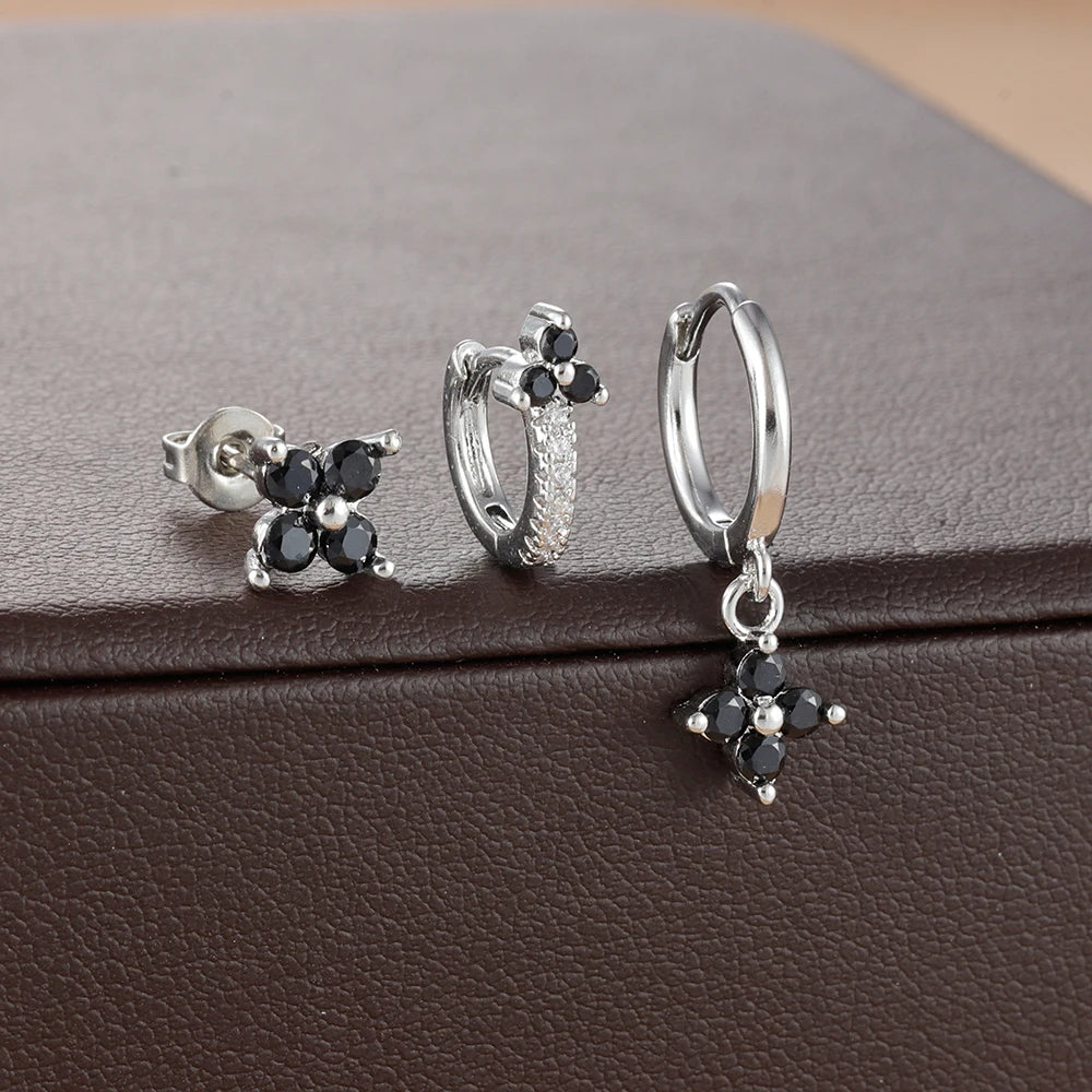 3PCS Fashion Stainless Steel Flower Small Hoop Earrings Set 18K Gold