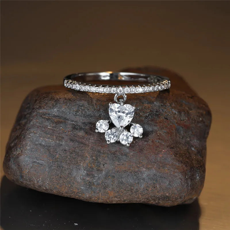 Vintage Gold Silver Color Animal Footprint Ring Cute Cat Paw Dog Claw Pendant Ring White Zircon Love Heart Stone Rings For Women
