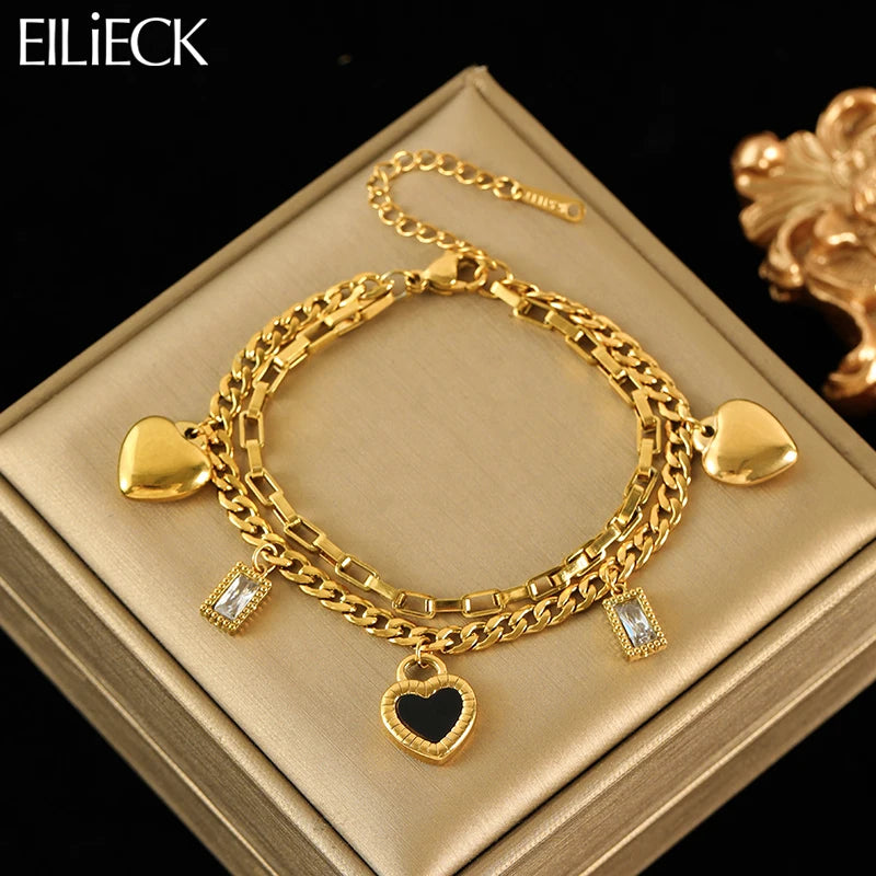 Reversible Heart Stainless Steel Charm Bracelet 18K Gold Plated Waterproof