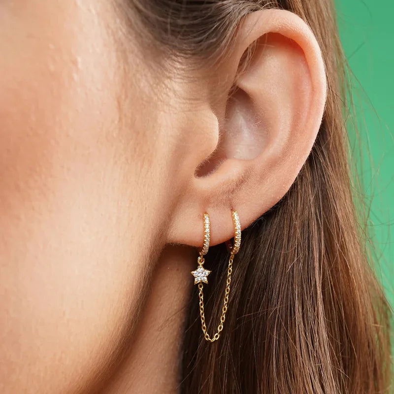 Vintage Stainless Steel Crystal Star Chain Hoop Earrings Trendy Punk