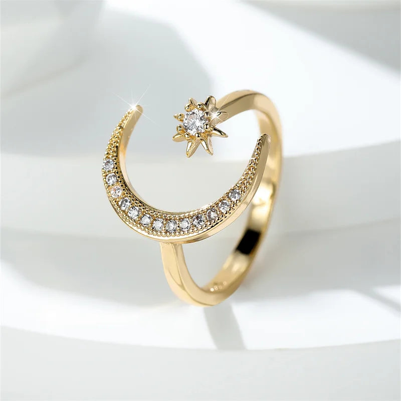 Minimalist Female Stacking Boho Star Moon Rings For Women Silver Rose Gold Color White Crystal Open Size Ring Wedding Bands Gift