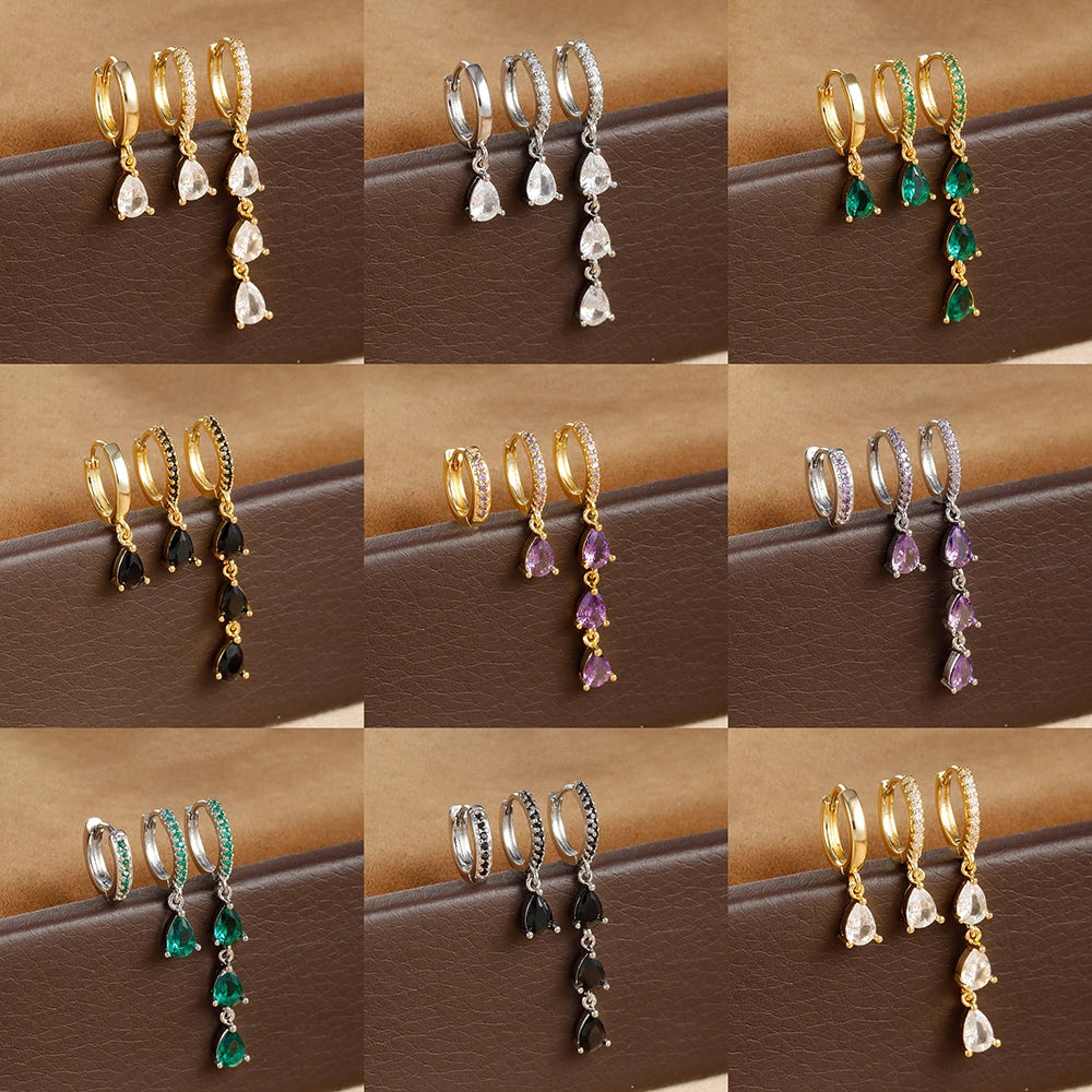 3PCS Stainless Steel Water Drop Hoop Earrings 18K Gold Plated Zirconia