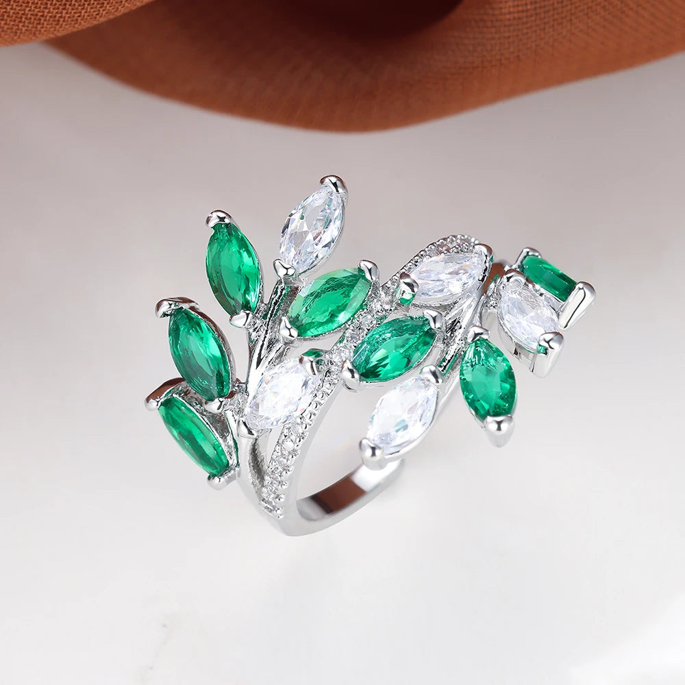 Marquise Cut Royal Blue Green Purple Pink Zircon Leaf Rings For Women Rose Gold Color Boho Cocktail Ring Wedding Bands Jewelry