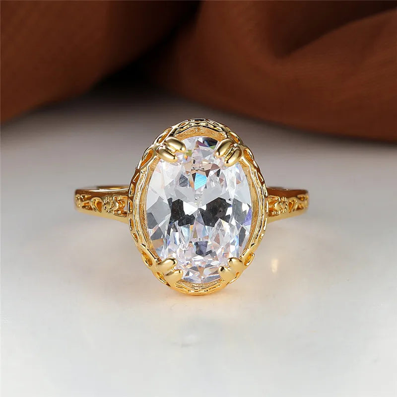 Retro Oval Cut Big White Brown Stone Rings For Women Men Gold Color Luxury Female Male Couple Ring Wedding Bands Party Jewelry
