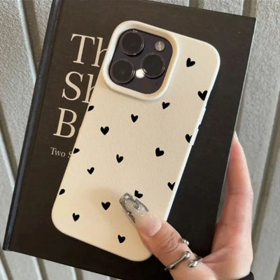 Black Love Heart Lychee Case for iPhone 17 16 15 14 13 12 Pro Max