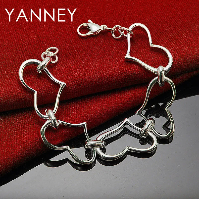 925 Sterling Silver 8-inch Heart Bracelet Women Wedding Party Jewellery Gift