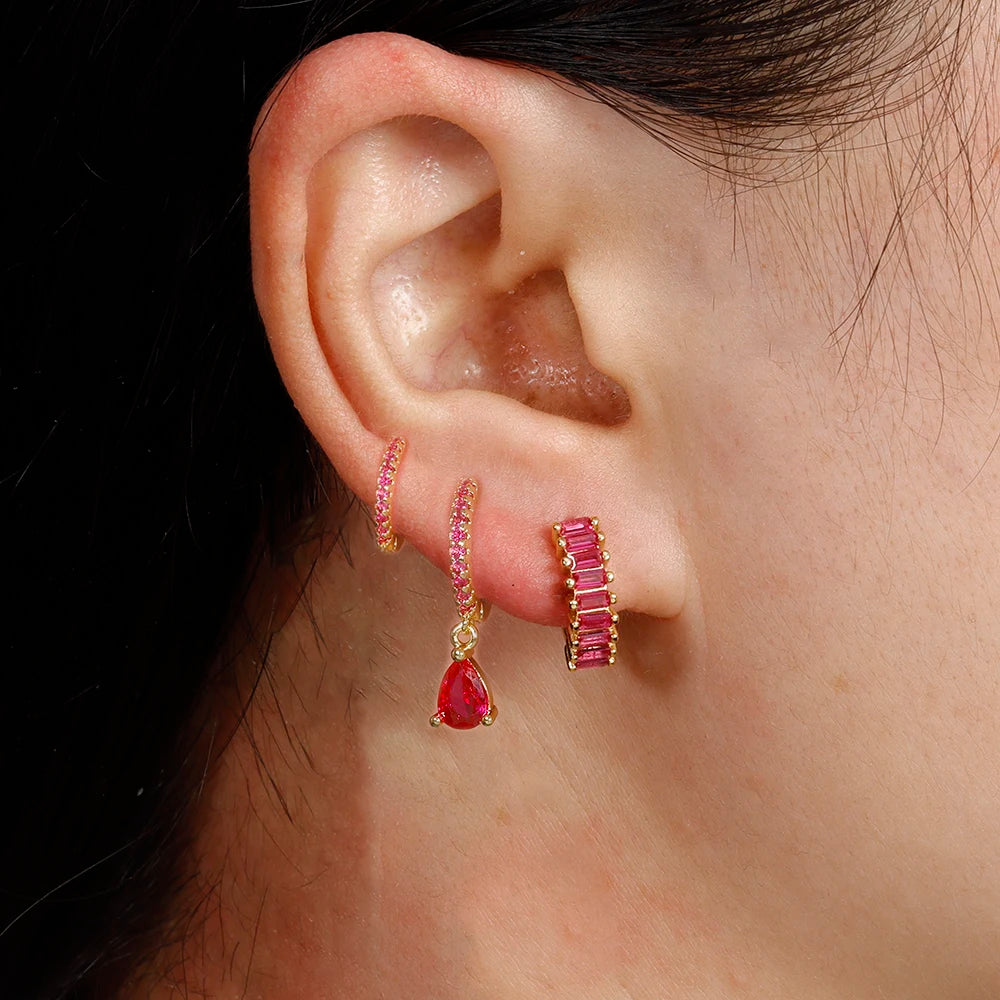 3PCS Stainless Steel Gold Plated Hoop Earrings Zircon Pendant