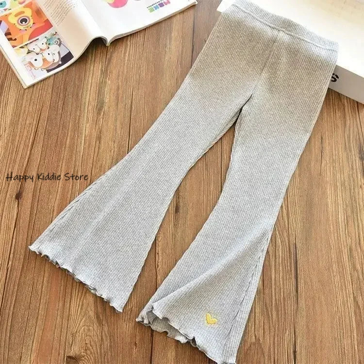 Girls Flare Leggings 2025 Casual Elastic Pants Heart Embroidery Slim Fit