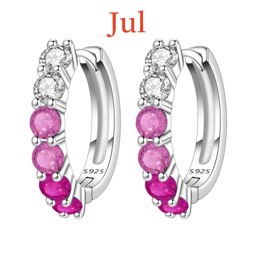 925 Sterling Silver Lucky Month Birthday Stone Hoop Earrings Trendy Jewellery