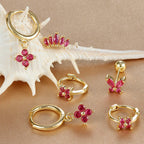 3PCS Stainless Steel Rose Red Zircon Flower Dangle Earring 18K Gold