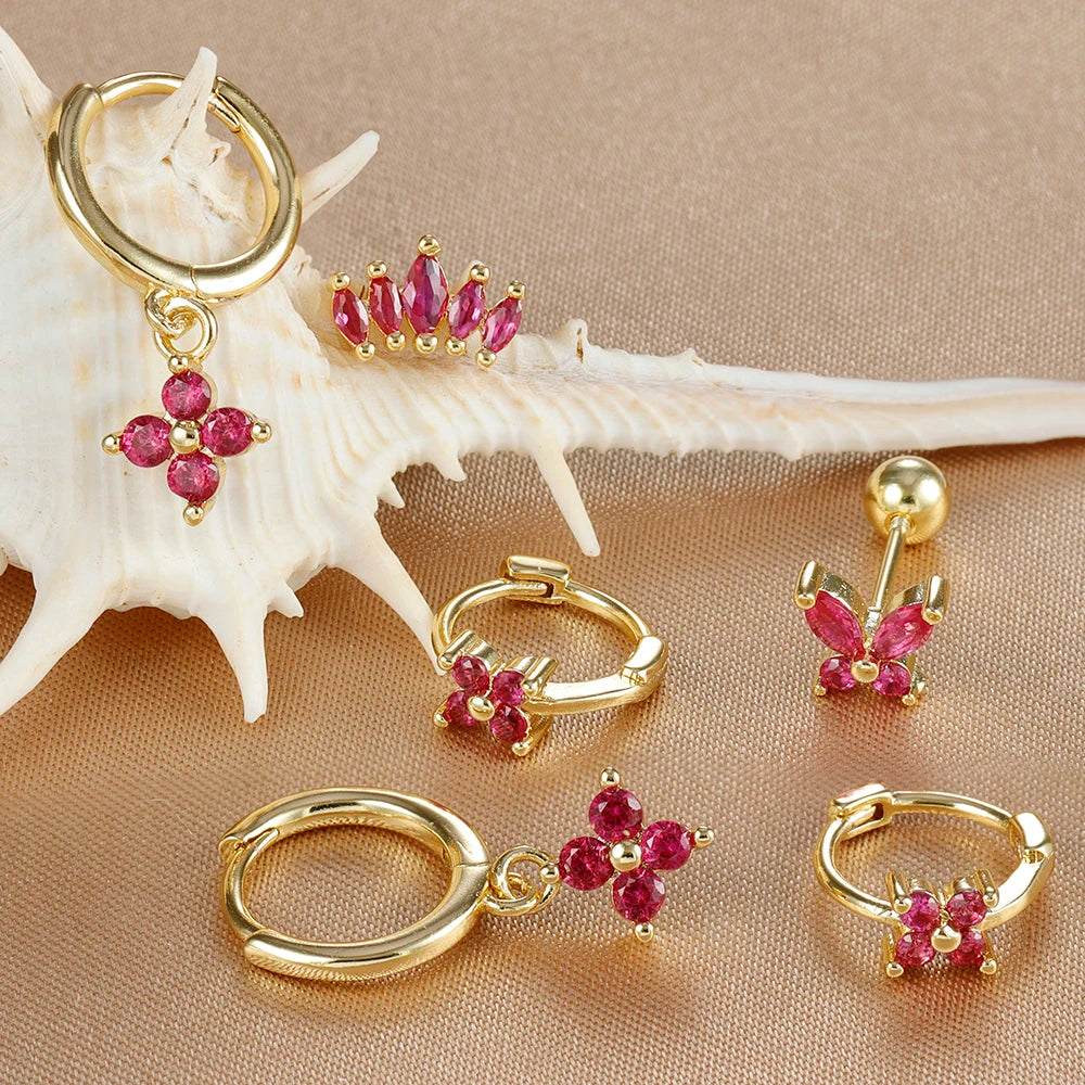 3PCS Stainless Steel Rose Red Zircon Flower Dangle Earring 18K Gold