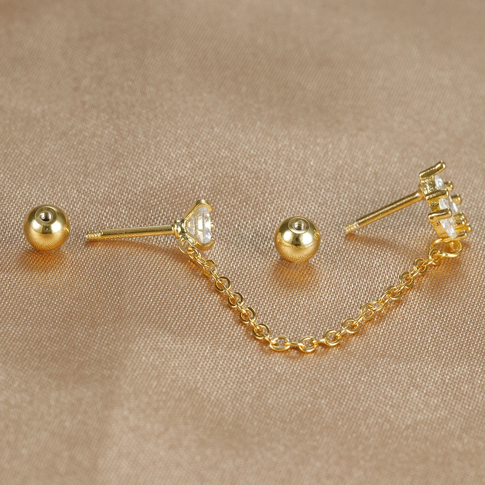 Stainless Steel Zircon Crown Stud Earrings Women 18K Gold Double Studs